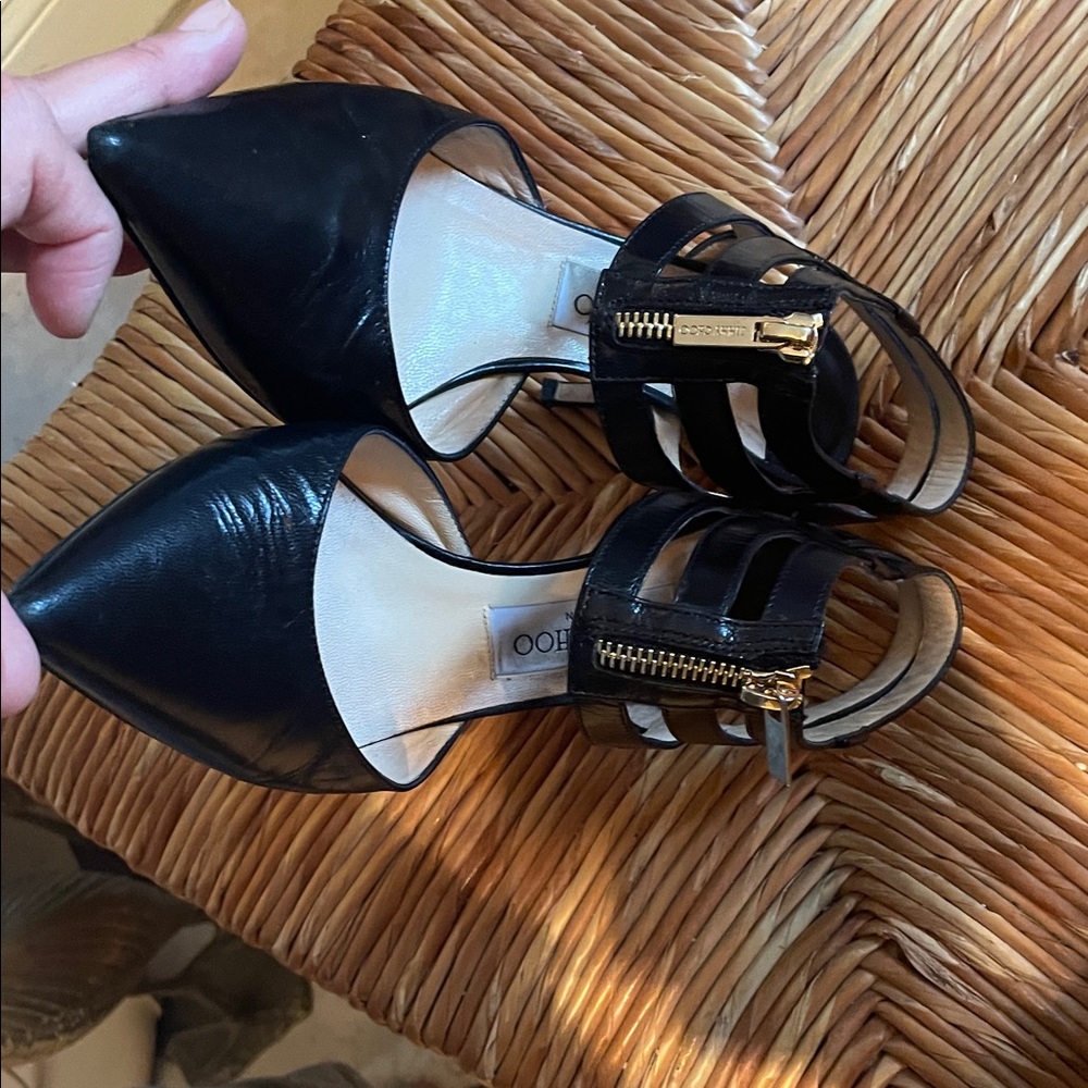 Jimmy Choo Black Leather Heels with Gold Accents